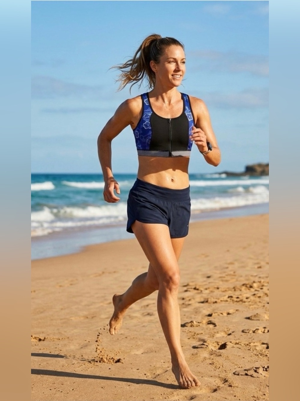 Blue and Black Floral Zip-Up Sports Bra 2X